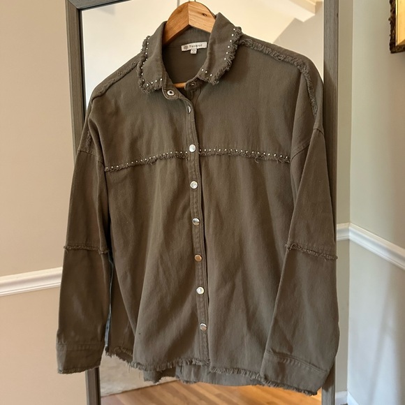 Veveret Olive Green Studded Button Up Shacket Jacket XS Women’s Casual Utilit - Picture 2 of 5